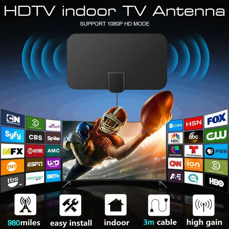 High Quality 4K High Gain HD TV DTV Box Digital TV Antenna 980 Miles Booster Active Indoor Aerial HD Signal Antenna Flat Design