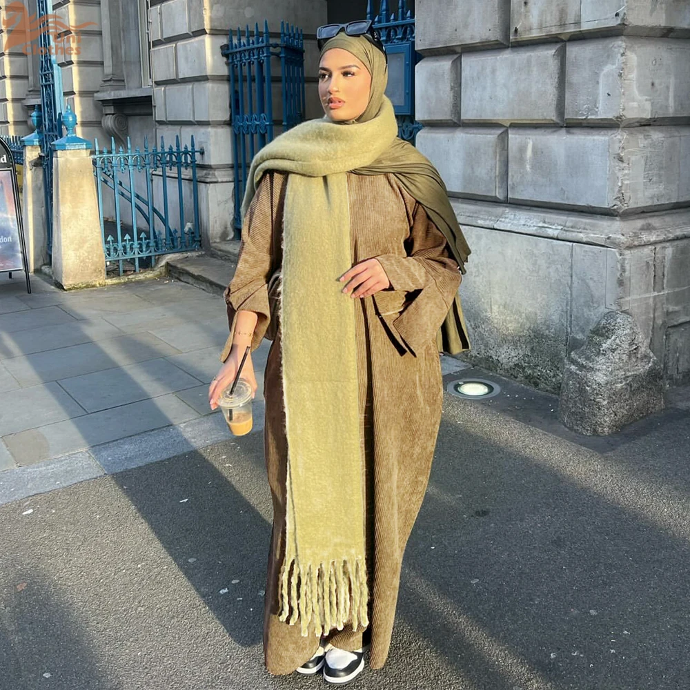 Zahraa Muslim Autumn Winter Corduroy Modest Abaya Turkish Islamic Clothing Jalabiyat Long Sleeve Casual Loose Moroccan Kaftan 2