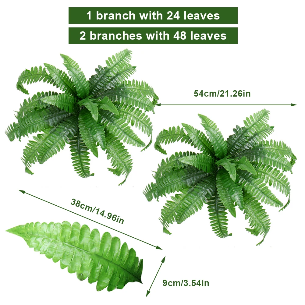 2Pcs Artificial Ferns Fake Fern Bush Plant 20 Leaves for Each Bouquet Fake Grass Leaves Plant Lifelike for Home Porch Window