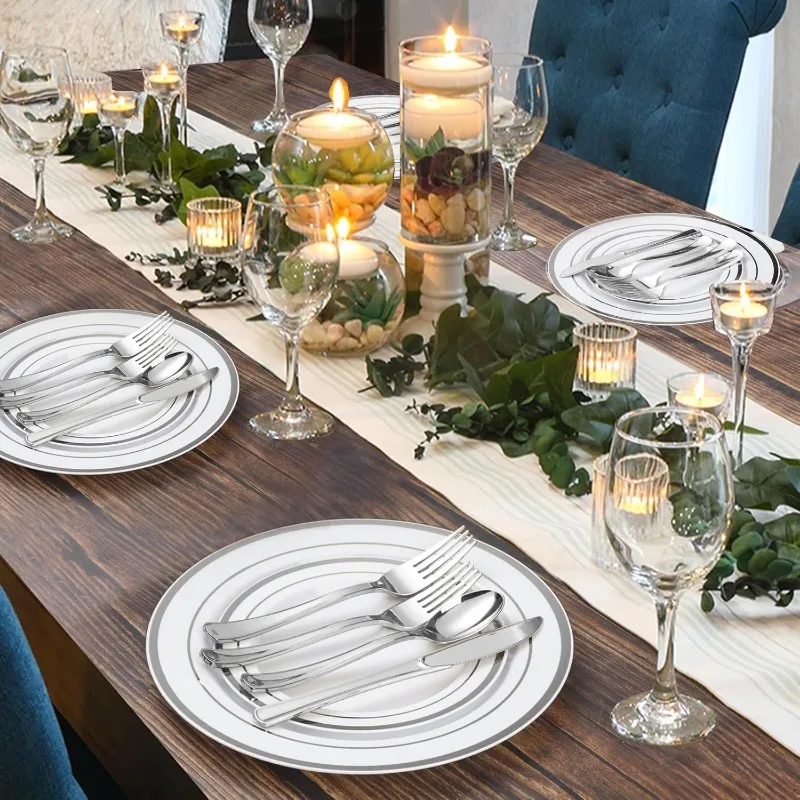 600PCS Plastic Plate Set (100 Guests ) Disposable Dinnerware Set of 200 Plastic Plates, 200 Forks, 100 Spoons, 100 Knives