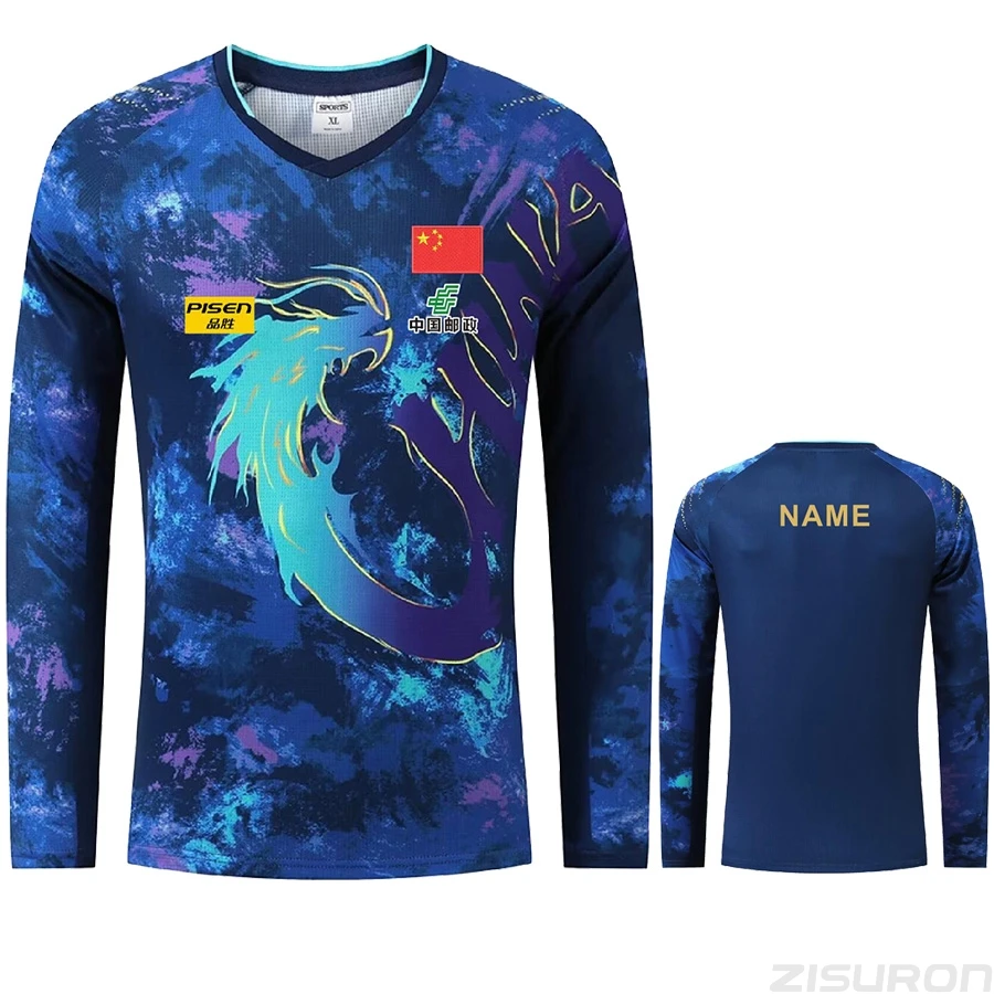 Text CHINA Wang C.Q. Dragon Championship Table Tennis long sleeved shirts for Men Women Children ping pong tshirt
