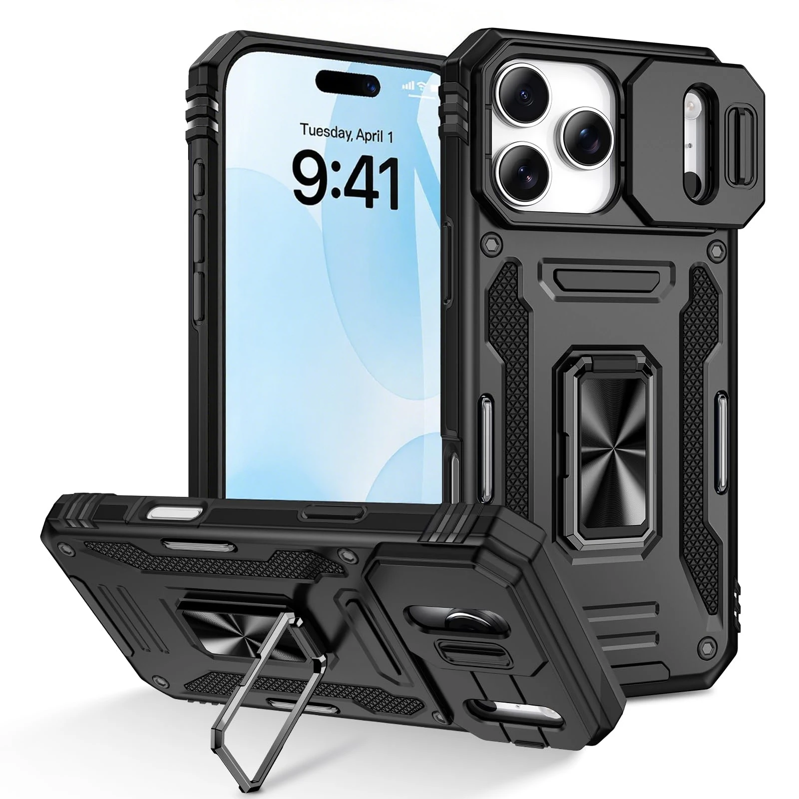 Enhanced Armor Ring Stand Kickstand Case with Slide Camera Cover and Anti-Fall Protection
