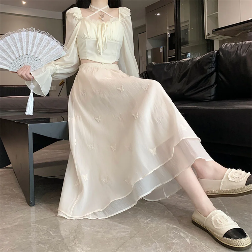 

Летняя Свободная шифоновая юбка Y2k, женские макси-юбки а-силуэта с завышенной талией, Женская милая газовая юбка с вышитыми бабочками и цветами