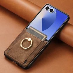Vintage Magnetic Leather Case with Ring Holder and Card Slot - Fashionable Stand Cover with Skin - Soft Finish - Motorola Razr+ 2025 (Brown)