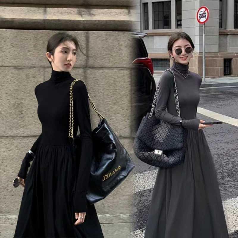 

2023 New French Style Temperament Women's High-Grade Black Dress Hepburn Style Gray Turtleneck Dress for Women Autumn and Winter