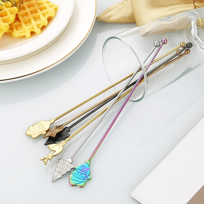 4pcs 18/8 Stainless Steel Stirring Stick Bar Christmas Tree Stirring Spoon Set Cocktail Mixing Stick Holiday Party Tableware
