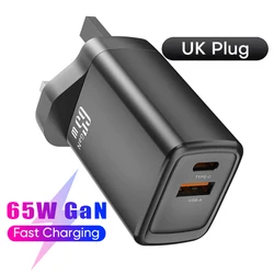 Enhanced 65W GaN Fast Charger with Quick Charge 4.0 & 3.0, Type C PD USB Port - UK Plug 65W Black