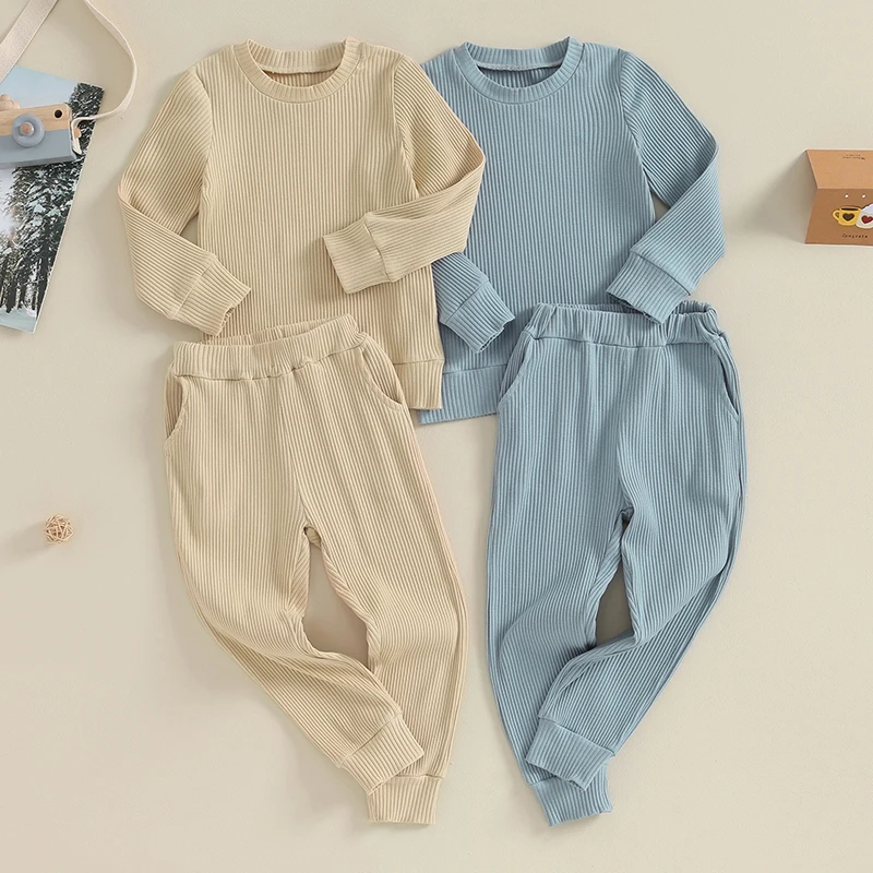 

Kid Clothes Girl Boy Fall Solid Ribbed Long Sleeve Sweatshirt Tops Pants Set 2Pcs Cotton Outfit Children's Clothing