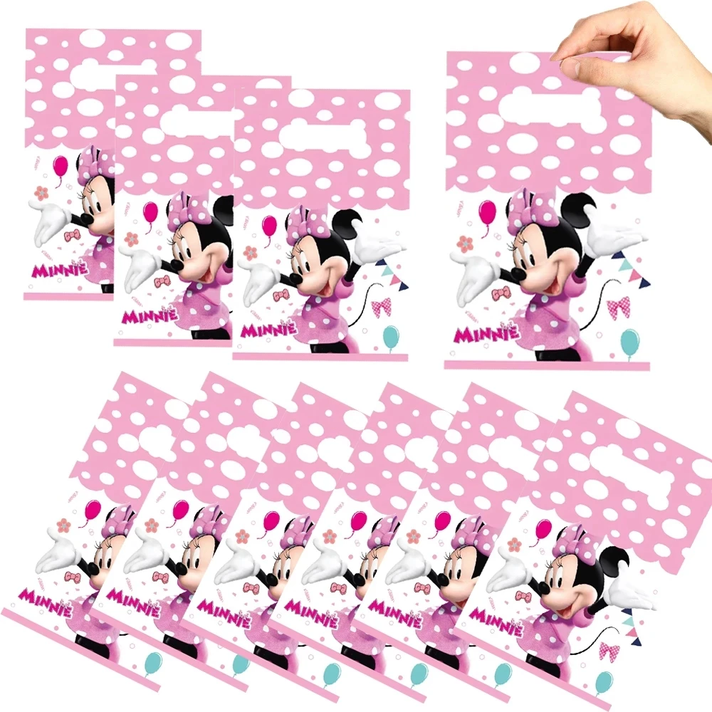 Disney-bolsas de regalo de Minnie Mouse para Baby Shower, bolsa de dulces rosa, bolsas de regalo con asa, decoración de fiesta de cumpleaños para niños y niñas