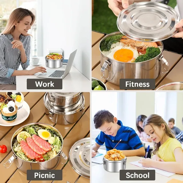 Boîte à déjeuner ronde en acier inoxydable, boîtes à Bento portables Anti-fuite avec couvercle, collations aux fruits, récipient de stockage des aliments, bol de pique-nique de Camping 6