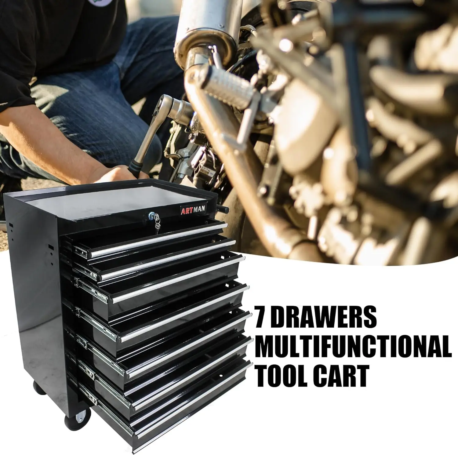 7-Drawer Rolling Tool Box, Tool Chest with Wheels and Locking System,High Capacity Tool Storage Cabinet Organizer (Black) 4
