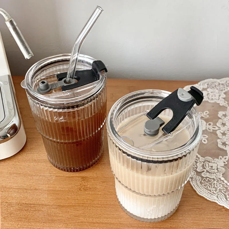 2/1Pcs 375Ml Vertical Stripe Glass Cup With Lid Straw Cup Transparent Ribbed  Tea Coffee Cup Juice Beer Milk Mocha Breakfast Mug - AliExpress