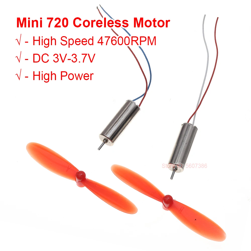 Lot de 2 moteurs 720 sans noyau + hélices 55mm pour drone RC 3V-3.7V