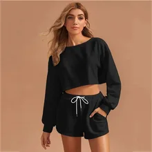 

2022 Summer Shorts, Long Sleeve Sweater Two Piece Set Beautiful Solid Color Round Neck Long Sleeve Drawstring Short Casual Sweat