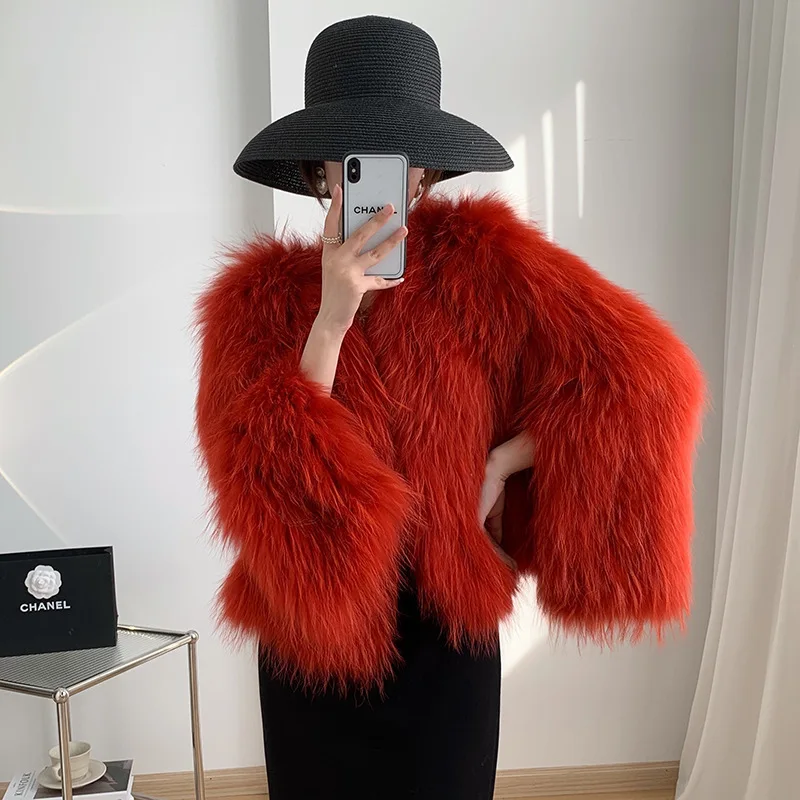 

Raccoon fur double-sided woven fur, encrypted young fur coat, women's short popular autumn and winter new V-neck coat