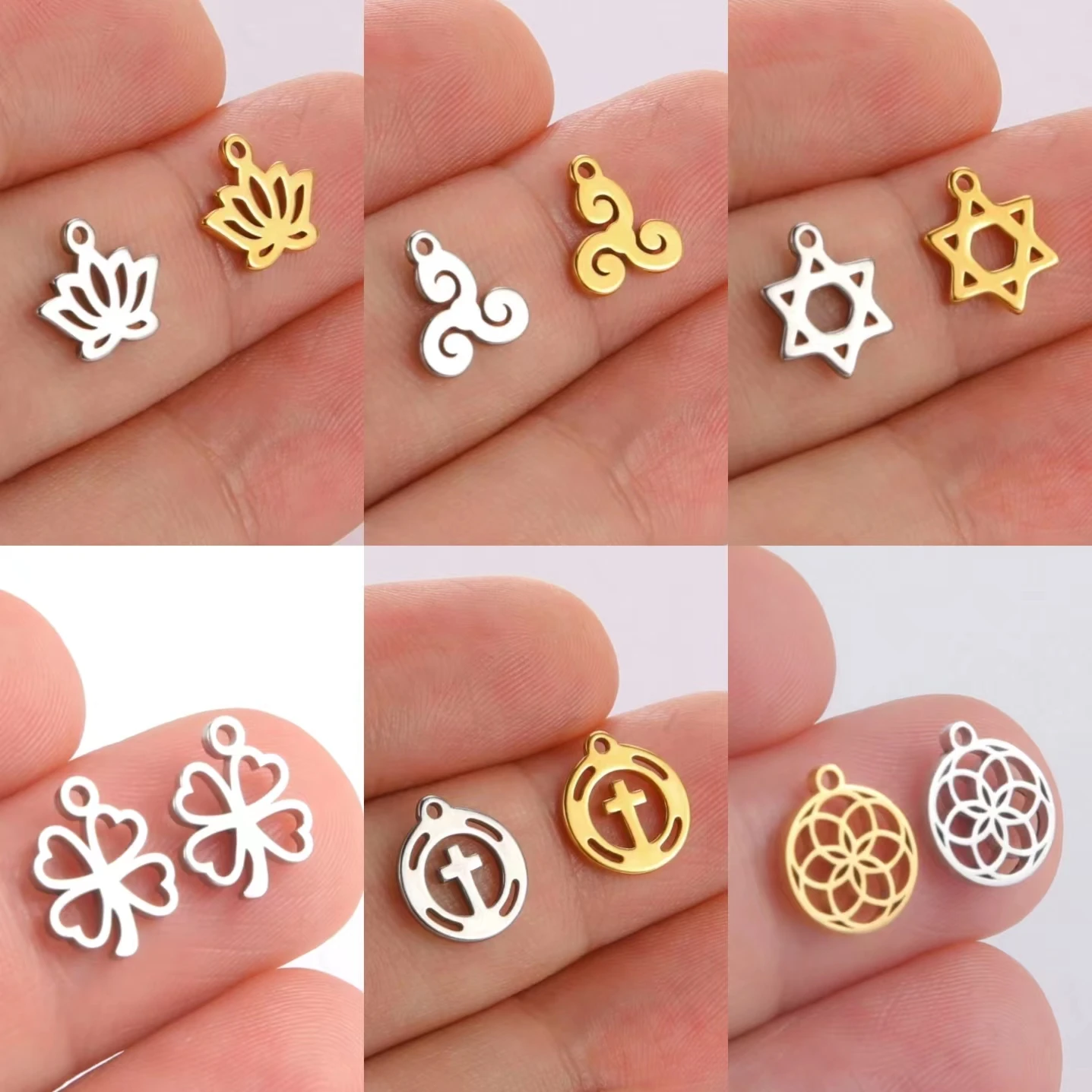 5 szt. Mini Charms koniczyna na szczęście Triskelion ze stali nierdzewnej DIY biżuteria kwiat życia lotosu krzyżyk mały wisiorek sprzedaż hurtowa