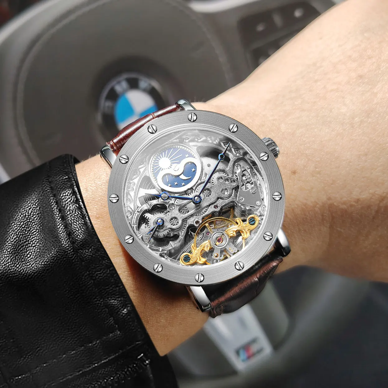 SKROX Dual Time Zone Moon Phase Automatic Clock Mechanical Genuine Leather Men's Wristwatches Original High-End Luxury Man Watch