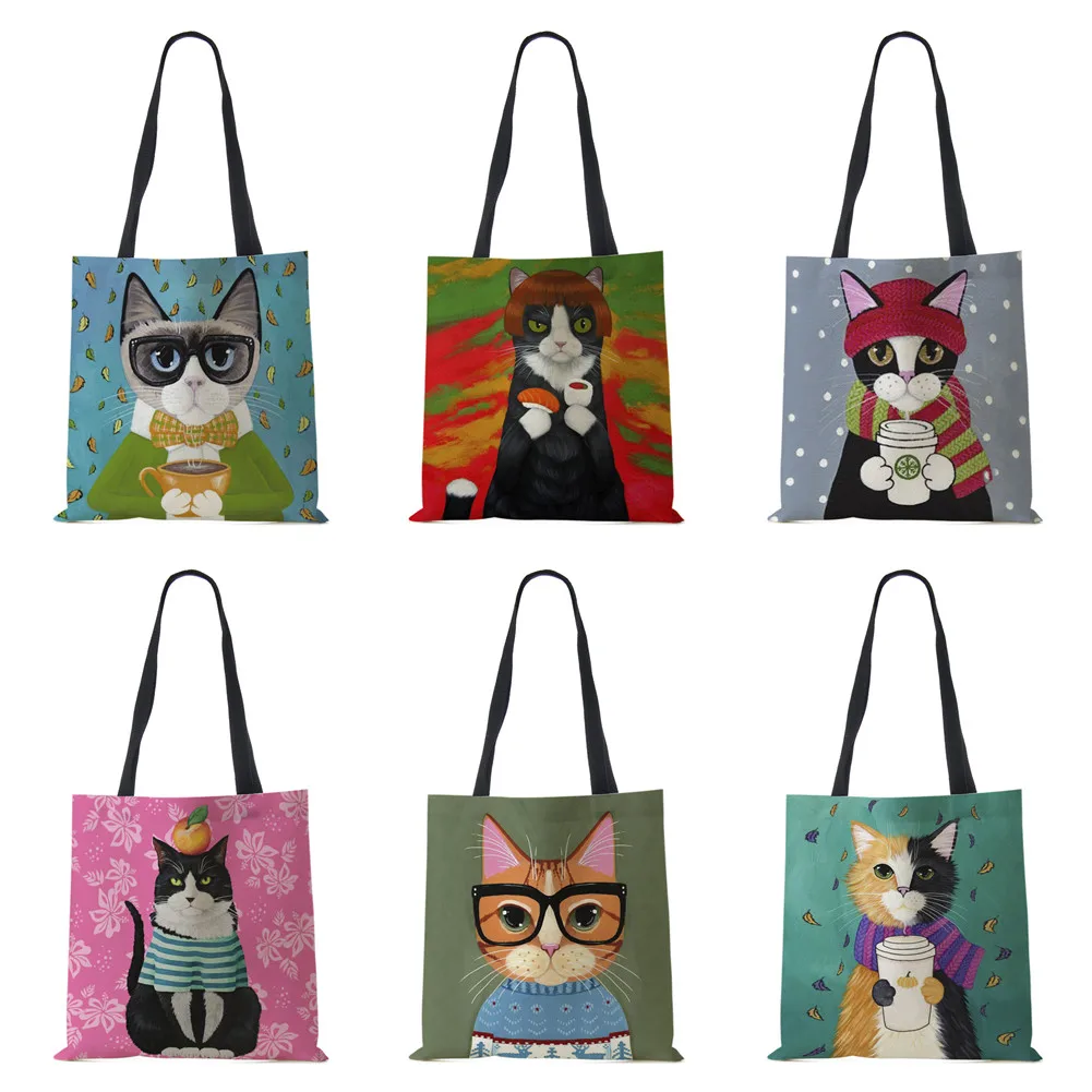 

Cat Cute Print Canvas Shoulder Bag Women Shopping Reusable Handbag Large Capacity Casual Travel School Tote Bags 2022 Fashion