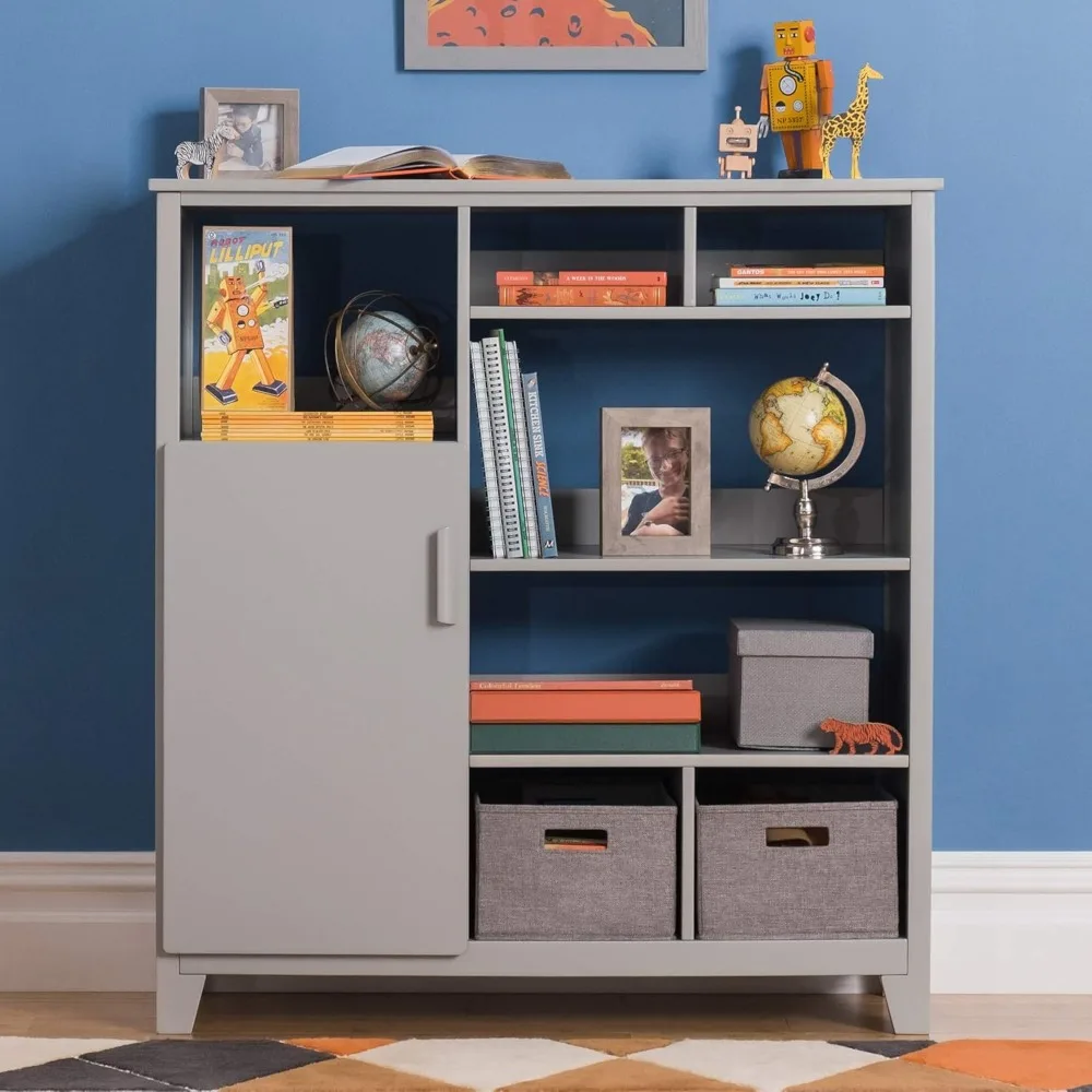 Kids' Media System-: 43 Inch Wooden Cubby Storage Organizer Bookcase with Fabric Bins for Bedroom and Playroom