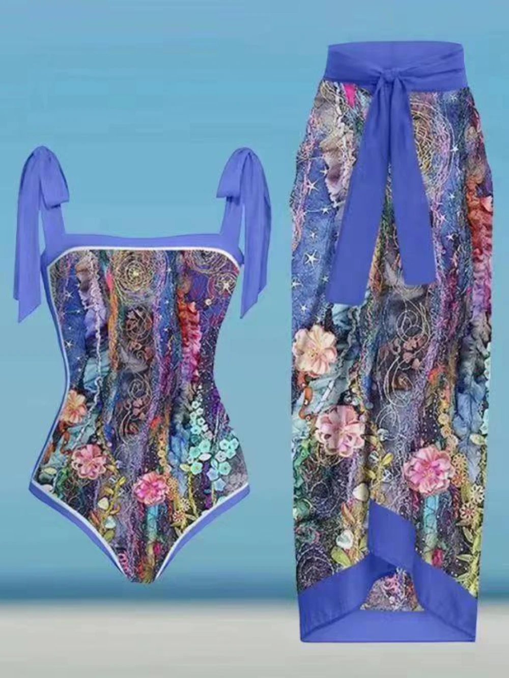 Onepiece Swimsuit With Laceup Chiffon Long Skirt Twopiece Blue Print