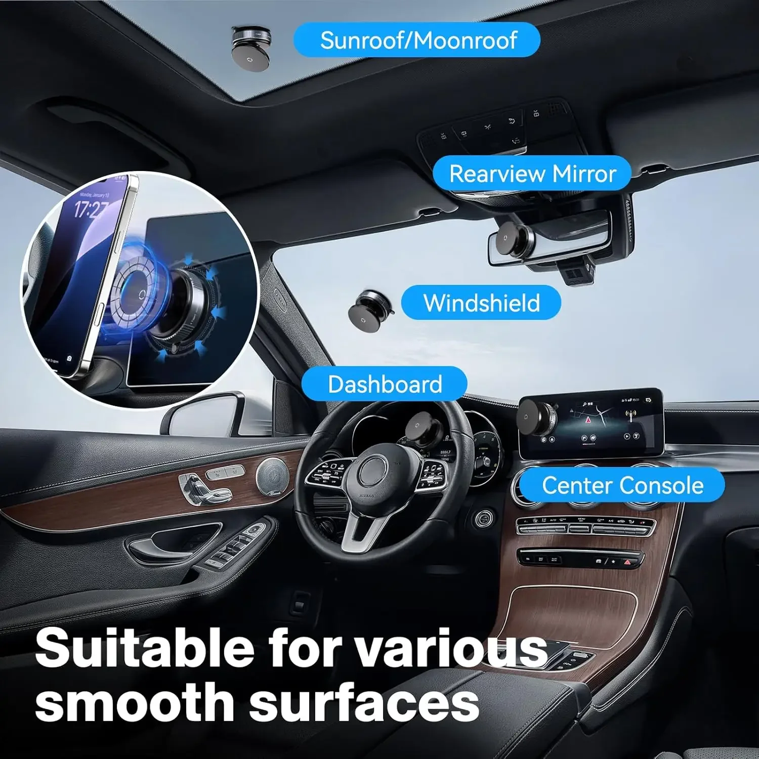 360° Vacuum Magnetic Suction Cup Phone Holder Stang for Car/Gym/Mirror/Smooth Surface For iPhone 16~12 Pro Max Samsung Xiaomi