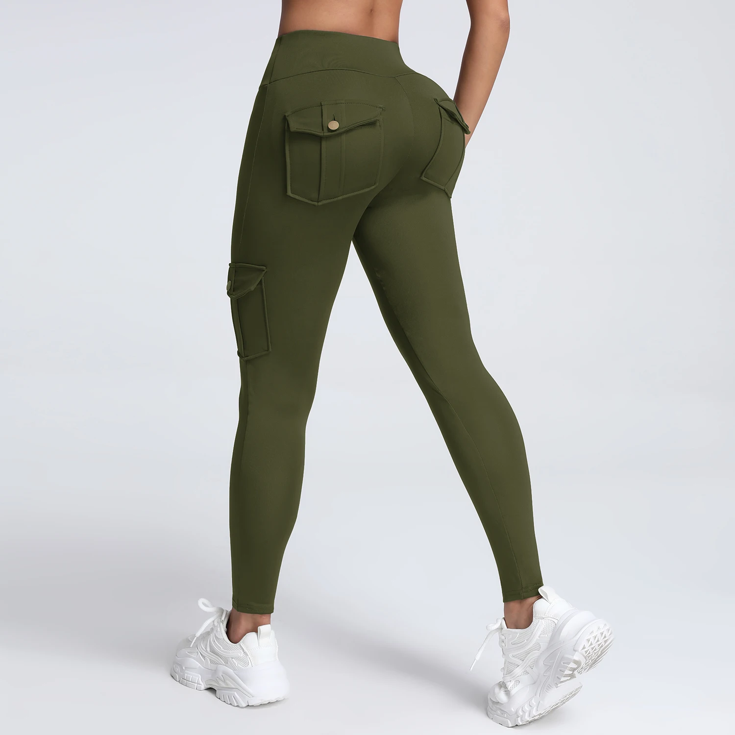 Cargo Style Fitness Pants Women's Sports Tight Leggings With Pocket Stretch High Waist Peach Hip Trousers StreetWear 2
