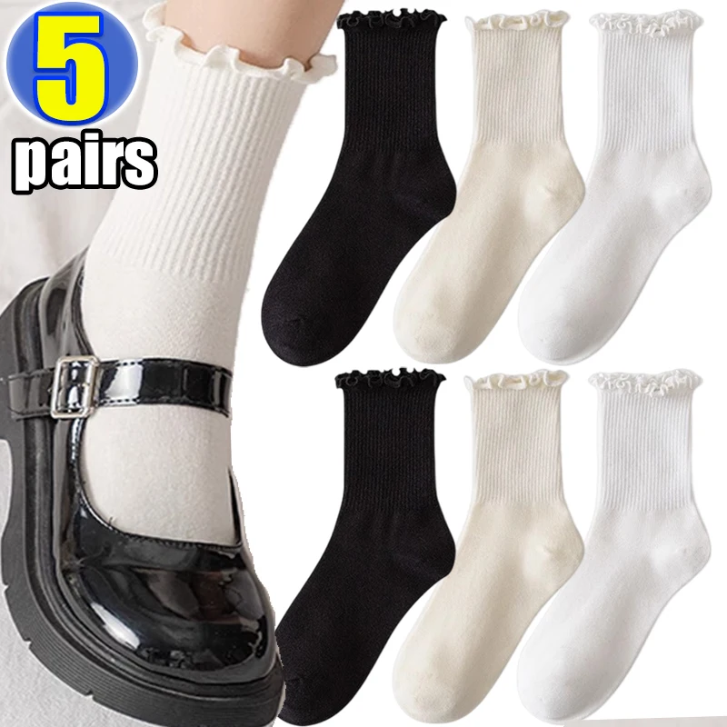 

5pairs Ruffle Socks Women White Black Frilly Lolita Style Japanese Maiden Kawaii Cotton Harajuku Princess Crew Socks Calcetines