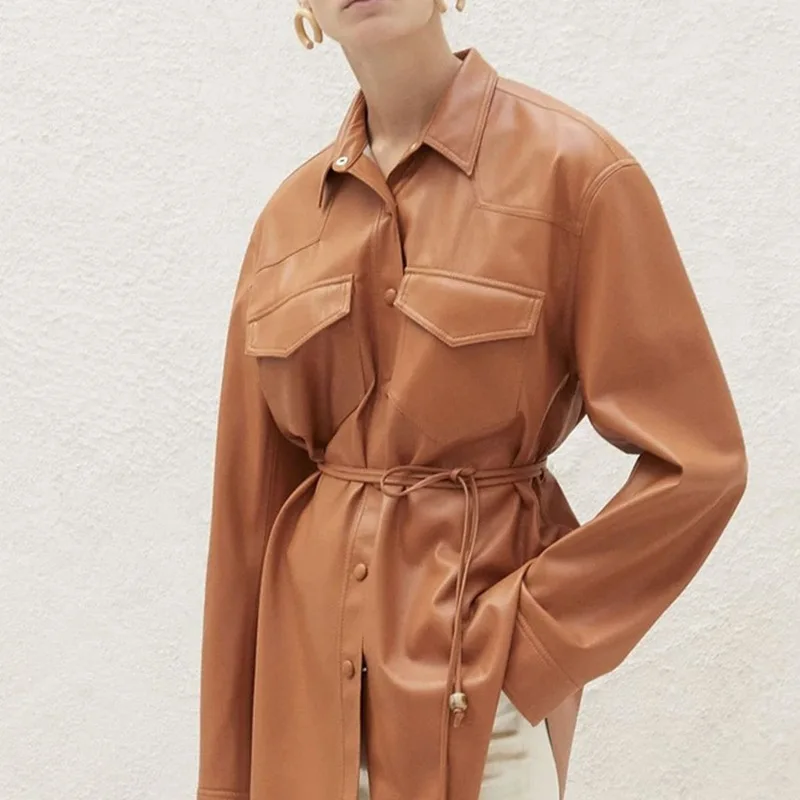 

Artificial Leather Shirt Women's Single-breasted Tie Belt Long-sleeved Leather Jacket Fall and Winter Cool Girl Clothes