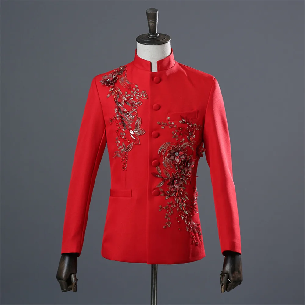 Chinese Tunic Men Mandarin Collar White Black Appliqued Blazer for Wedding Banquet Ceremony 4
