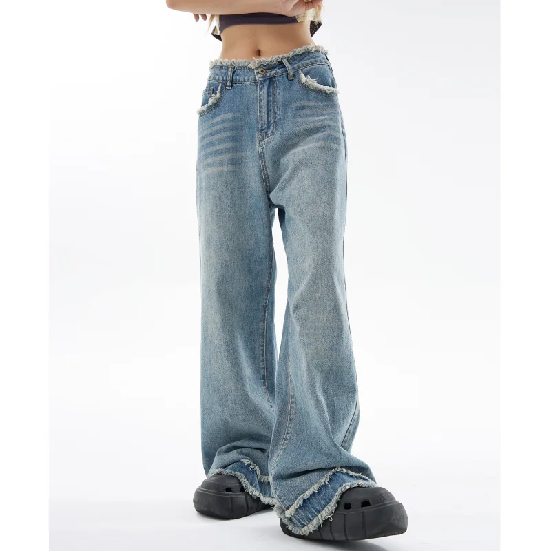 

Женские голубые джинсы Y2K, винтажные модные уличные брюки с высокой талией и широкими штанинами в стиле хип-хоп, джинсовые брюки-багги, 2024
