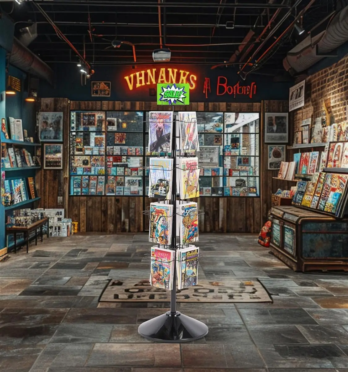 59" Tall Metal Wire Rotating Magazine Rack with 16 Pocket and Sign Holder - Black (WSFM416PB)