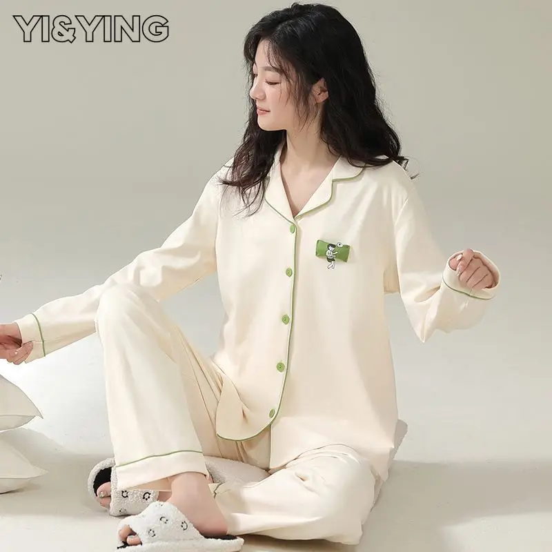 

[YI & YING] Женская одежда для сна из чистого хлопка с длинным рукавом осень-зима полностью хлопковая Минималистичная Домашняя одежда большого размера WAZC1022