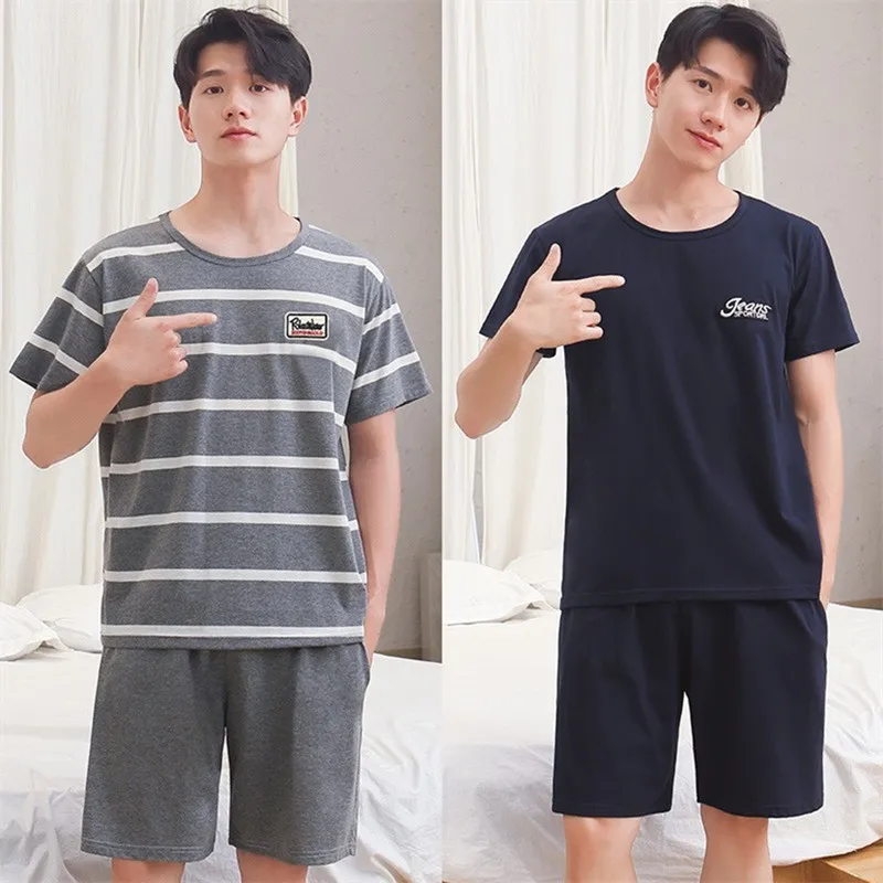 Men Pajamas Sleepwear O-Neck Striped Short Sleeve Shorts Loungewear Easy to Clean 2PCS/Set