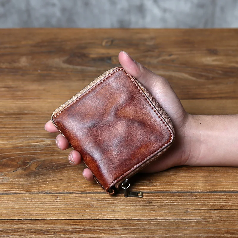 NZPJ Retro Men's Top Layer Cowhide Wallet Multi-Function  Tanned Genuine Leather Card Ladies Handmade Zipper Coin Purse