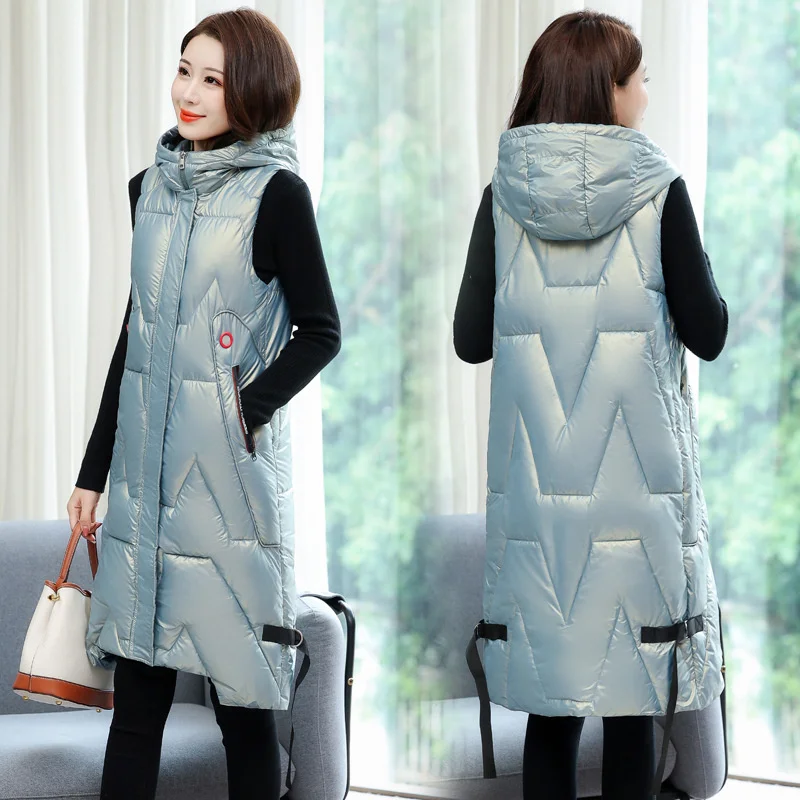 Snow Wear Warm Long Waistcoat Women Winter Vest Jacket Hooded Outerwear Female Glossy Parka Sleeveless Jacket Mujer Coats S-5XL