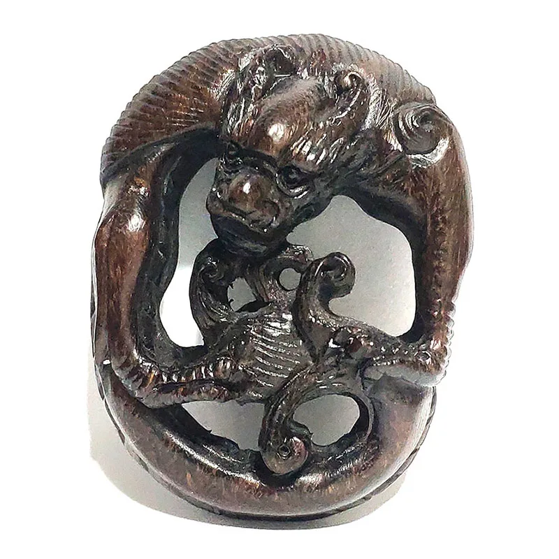 Y5997 - Collectible 20 Years Old 2 " Hand Carved Ebony Ironwood  Netsuke : Dragon