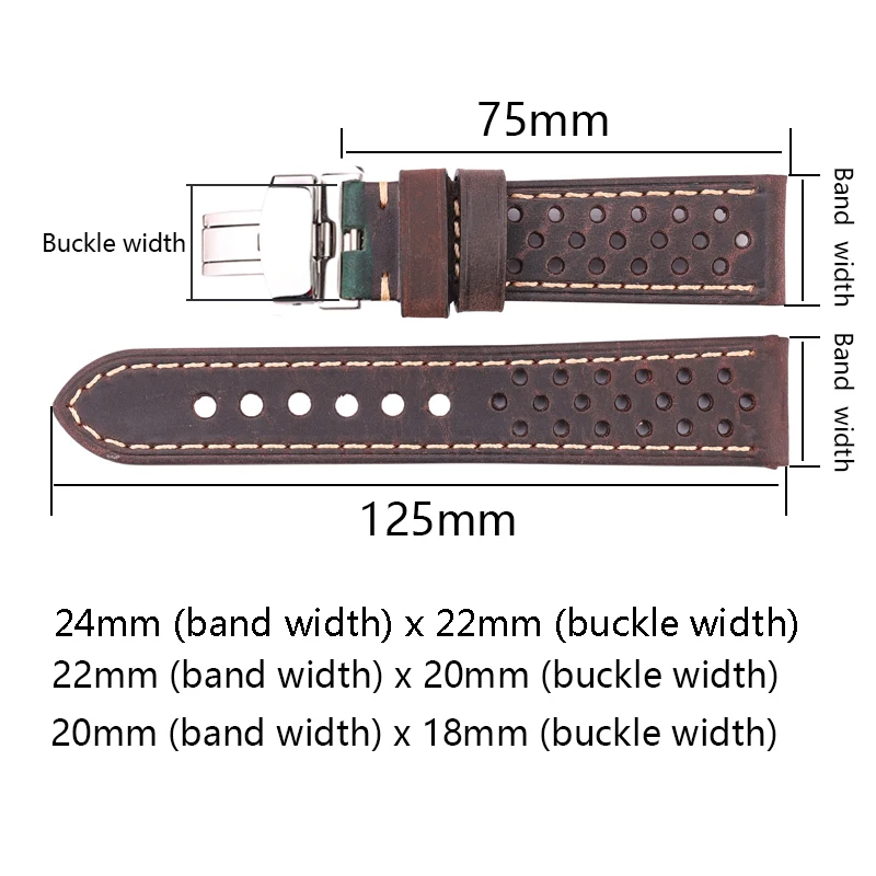 Premium Genuine Leather Unisex Watch Strap with Deployment Clasp – Available in Multiple Sizes & Colors