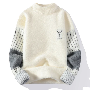 Thickened Winter Semi High Neck Knitted Sweater with Anti Pilling Splicing Men's Casual Long Sleeved Bottom Printed Pullover