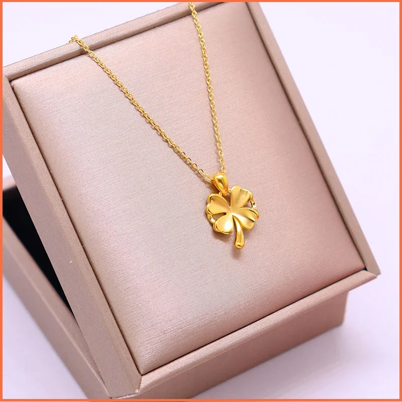 

New 100% Plated Real 999 Gold 18k Necklace Women's Four Leaf Pendant Luxury Lucky Grass Color Chain Does Not Fade for Women's Gi