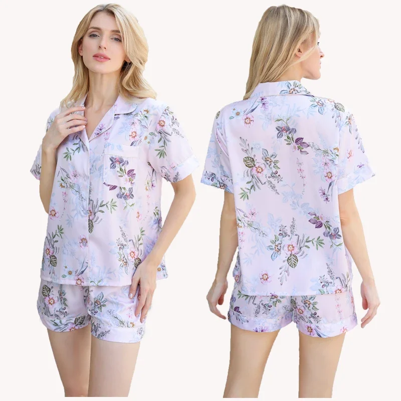 

Short Floral Pajamas Matte Satin Pajama Women Sleepwear Flower Lounge Sets Mom and Girls Matched PJ Sets for Women