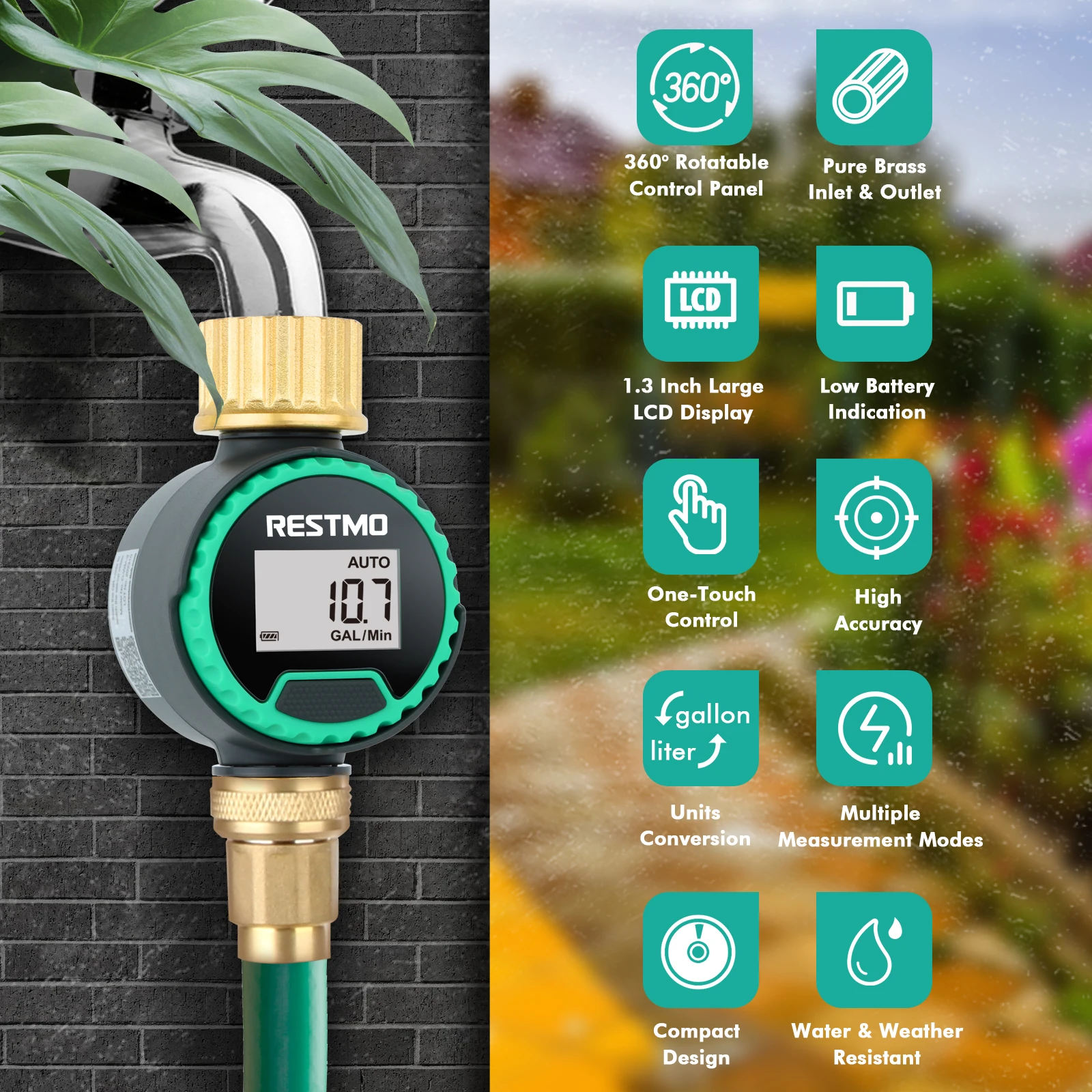 High Accuracy Digital Water Flow Meter Measure Water Consumption and Flow Rate for Outdoor Garden Watering/RV Tank Filling