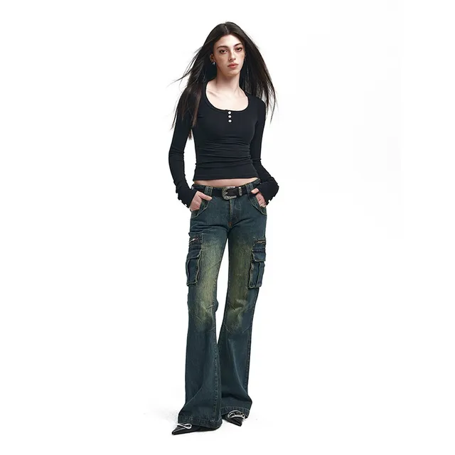 Jean Cargo Baggy bleu pour femmes, Harajuku Y2k des années 90, pantalon en Denim taille haute, surdimensionné des années 2000, vêtements Vintage 2