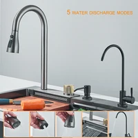 304 5 Water Discharge Modes Stainless Steel Waterfall Kitchen Sink Large Single Slot Integrated Digital Display Faucet Set 2