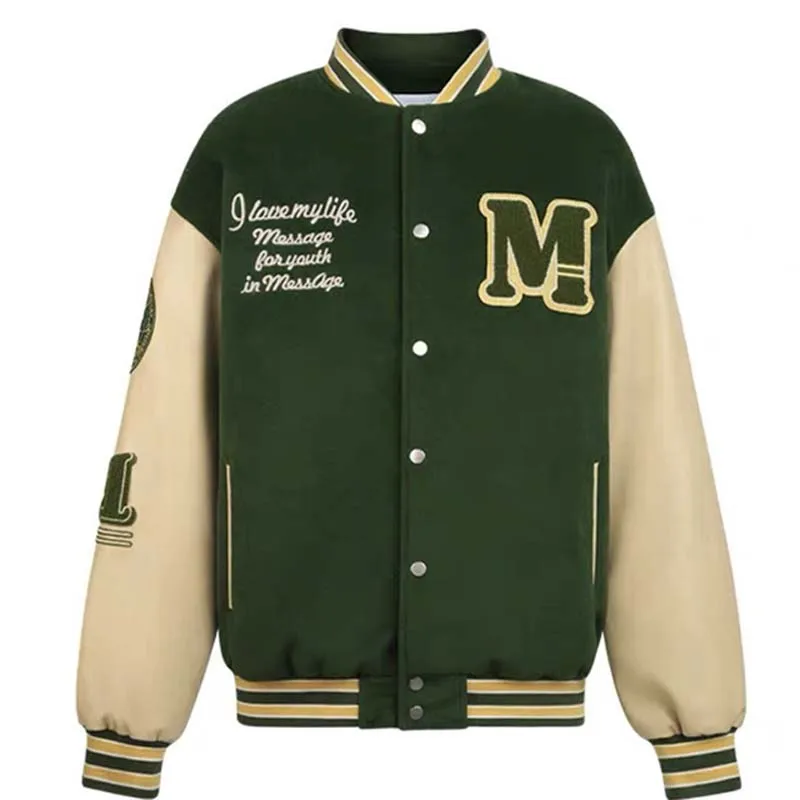 

Men Letter Embroidery Varsity Jacket High Street Splicing Baseball Uniform Woman Retro Black PU Leather Sleeve Baseball Uniform