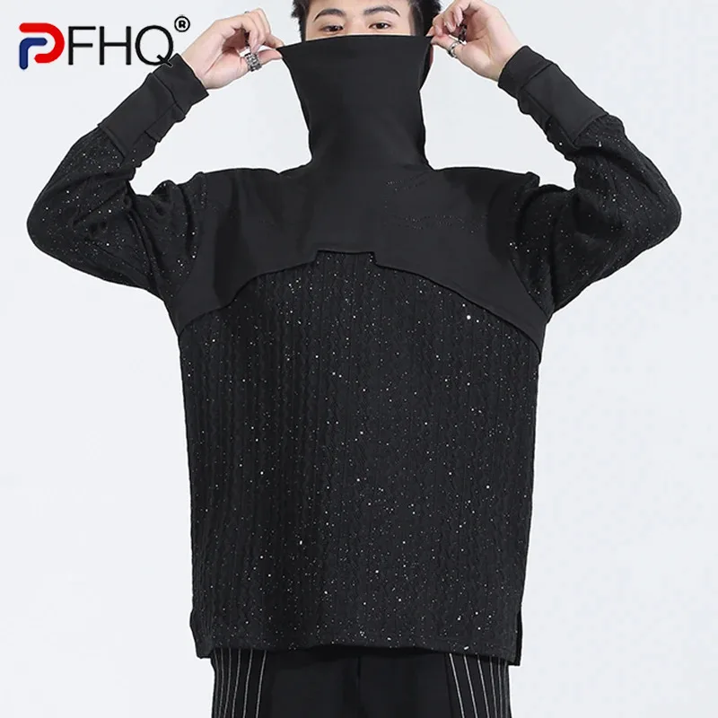 

PFHQ Men's Darkwear Knit Sweater Personalized Sequin Patchwork Half High Collar Handsome Haute Quality Pullovers Autumn 21Z3309