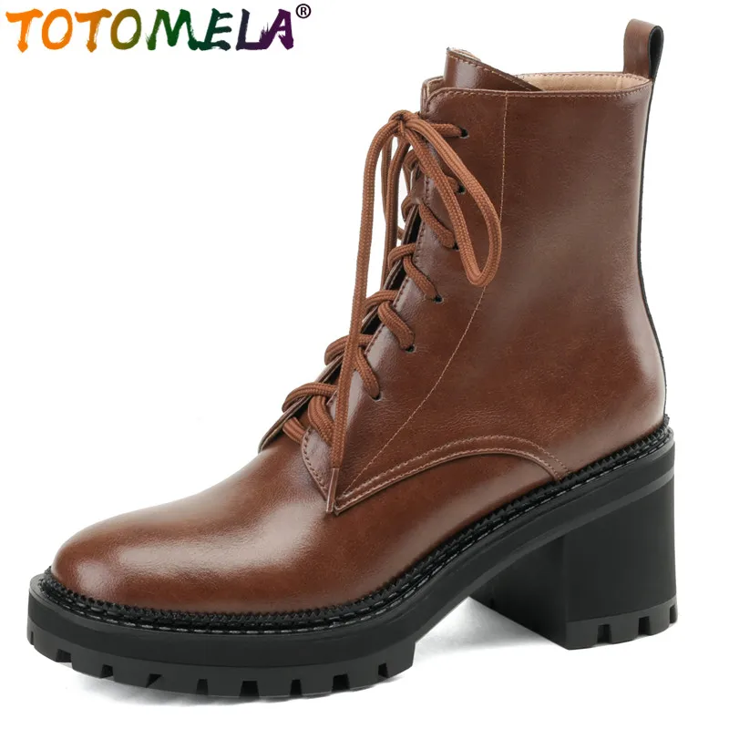 

TOTOMELA 2024 New Narrow Band Genuine Leather Winter Boots Square High Heels Platform Boots Ladies Vintage Zipper Ankle Boots