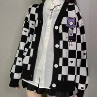 Japanese Oversized Kawaii Cartoon Embroidery Cardigan Women Jk Uniform Checkerboard Sweater Coat Autumn Loose Y2k Knitted 2022 - Image 6
