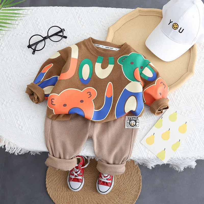 

2023 Spring New Boys' Cartoon Round Neck Sweater Long Sleeve Set Boys' Sports Pants Two Piece Set