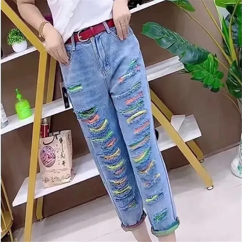 

2023 New Europe Summer Women's Color Hole Jeans Female High Waist Loose Denim Pants Fashion Sexy Thin Harlan Trousers Korean