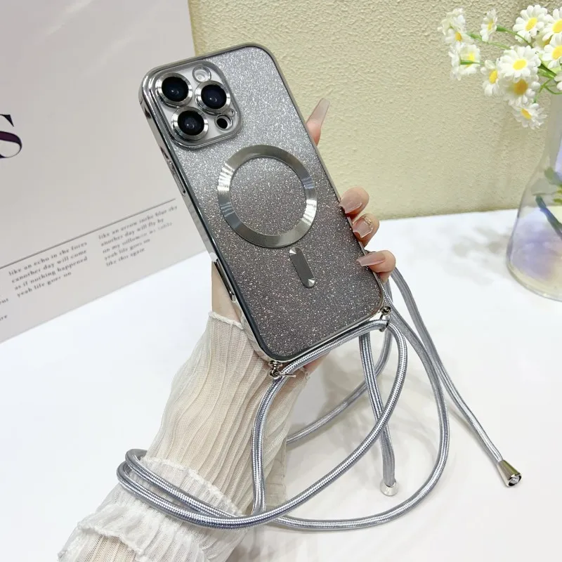 Magnetic Crossbody Glitter Plating Strap Case with Wireless Charging Capability